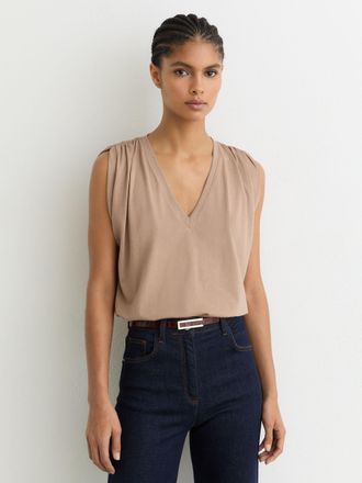 Reiss Taupe Neutral Cotton Gathered-detail V-neck Vest, XS