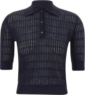 Max Mara Navy Textured Shirt Collar T-Shirt
