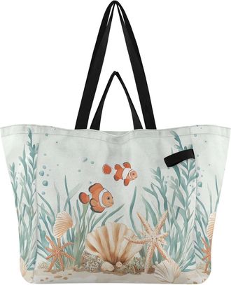 Generic Seashell Starfish Blue print Reusable Canvas Tote Bag, Heavy Duty Grocery Shopping Bag with Hard Bottom Large Capacity Double Handles Work Groceries T