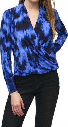 Joseph Ribkoff Silky Knit Abstract Print Wrap Top In Royal/black
