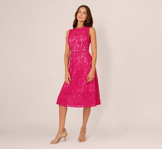 Adrianna Papell Sleeveless Lace Fit And Flare Dress With Sheer Details In Tropical Pink
