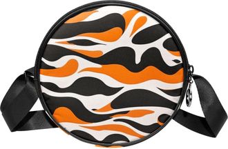 Generic Circle Crossbody Bag for Women, Orange Camouflage Small Sling Bag Daypack with Zipper Adjustable Shoulder Straps Casual Ladies Girls Round Purse