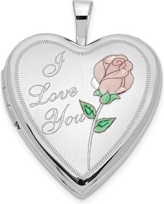 Diamond2Deal 14K White Gold Pink and Green Enamel Rose I LOVE YOU Script 20mm Heart Locket
