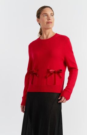 Chinti and Parker Wool-Cashmere Velvet Bow Sweater in Velvet Red at Nordstrom, Size X-Large