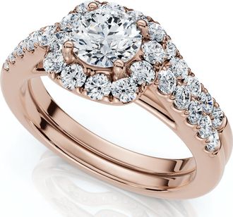 Pompeii3 1 1/10Ct Cushion Halo Diamond Engagement Ring & Matching Band Gold/Pt Lab Grown