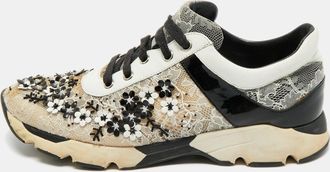 Rene Caovilla Ren&eacute; Caovilla White/black Leather And Mesh Flower Embellished Lace Up Sneakers
