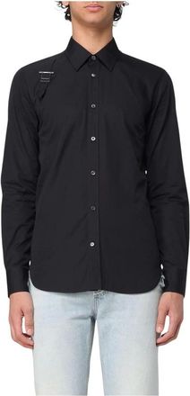 Alexander McQueen Overhemden, Heren, Zwart, M, Leer, Zwarte Getailleerde Button-Up Overhemd