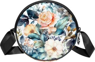 Generic Circle Crossbody Bag for Women, Floral Leaves Small Sling Bag Daypack with Zipper Adjustable Shoulder Straps Casual Ladies Girls Round Purse