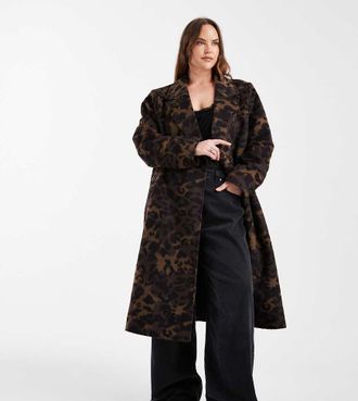 Only ONLY Curve - Cappotto lungo marrone testurizzato con stampa animalier-Nero