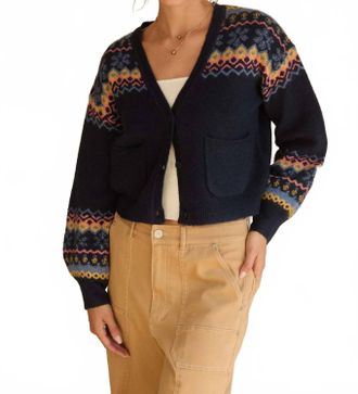 Skies Are Blue Clothing Intarsia V Neck Cardigan In Navy Blue