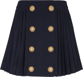 Balmain Geplooide rok met leeuwenkopknopen - Dames - Korte rokken - Blauw - L - Wol - Rokken