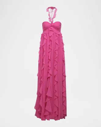 Bcbgmaxazria Ruffle Chiffon Halter Gown