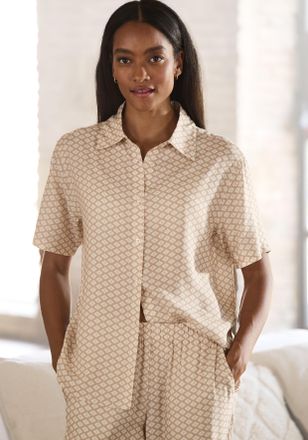 Lascana Pyjamaoberteil LASCANA, Damen, Gr. 32, beige (beige, wei&szlig; gemustert), Web, Obermaterial: 100% Viskose, gemustert, bequem, Shirts Pyjamaoberteil, mit e