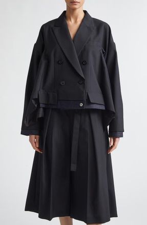sacai Double Breasted Suiting & Denim Jacket in Black/Indigo at Nordstrom, Size 2