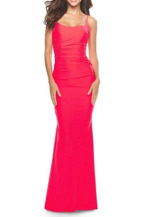 La Femme Jeweled Modified Scoop Neck Jersey Dress with Open Back in Bright Colors in Neon Coral at Nordstrom, Size 10