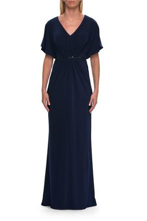 La Femme Flutter Sleeve Jersey Gown with Beaded Waist in Navy at Nordstrom, Size 12