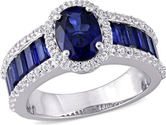 Amour 4 3/4 CT TGW Created Blue Sapphire and Created White Sapphire Vintage Halo Ring In Sterling Silver
