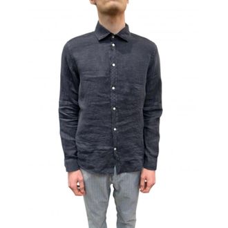 Mason's Navy Blue Linen Shirt Classic Collar