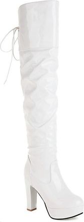 Generic Womens Pleated Over The Knee Boots Lace Up Chunky Heel Platform Round Toe Thigh High Fashion Winter Party Nightclub Shoes (5.5,White)