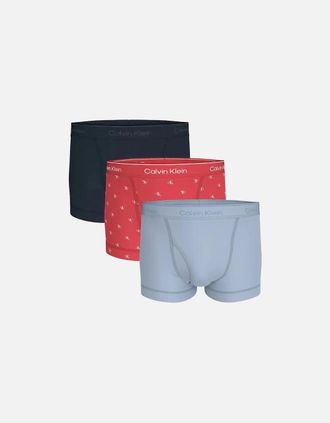 Calvin Klein Mens 3-Pack Cotton Classics Allover Logo Boxer Trunks, Black/Red/Blue - Size: 33/32/32