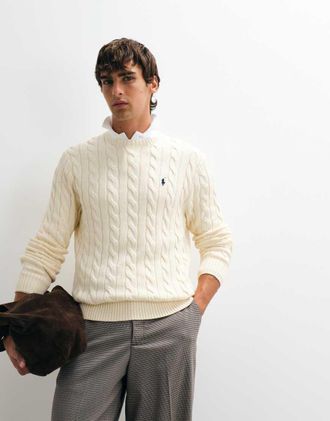 Polo Ralph Lauren felpa in cotone a trecce con logo icon in crema-Bianco