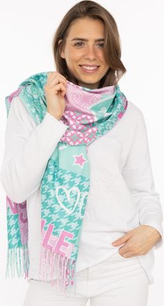 Zwillingsherz Schal ZWILLINGSHERZ Printclash Smile, Damen, t&uuml;rkis, Web, Obermaterial: 100% Polyester, Modet&uuml;cher Schal, mit Fransen, Mustermix und Schriftzug