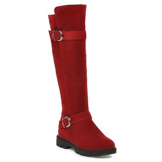 Generic Womens Knee High Riding Boots with Buckle Strap Side Zipper Comfort Round Tow Hidden Wedge Heel Winter Dress Shoes (5.5,Red)