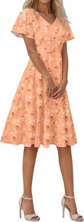 Generic Summer Dresses for Women Short Sleeve V-Neck Floral Wrap Waist Casual Dress Casual Plus Size Bohemian Floral Midi Summer Beach Swing Boho Dress Holida