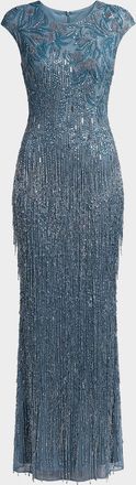 Mac Duggal Evening Embellished Mesh Cap-Sleeve Gown