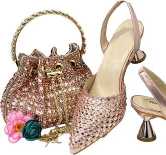 Generic Pointed Toe Heels For Women Elegant Party Wine Color Full Diamond Pumps Shoes And Bags Matching Set