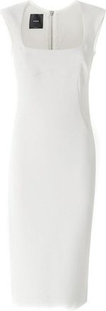 Pinko Fitted White Midi Dress With Square Neckline And Cap Sleeves