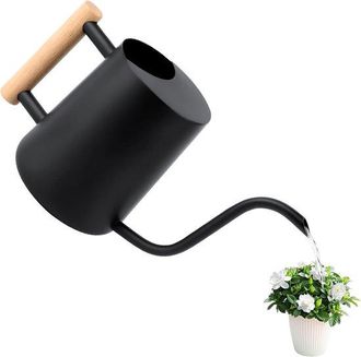 No Brand Regadera Para Plantas De Interior: Tubo Largo Y Mango De Madera C&oacute;modo Acero Inoxidable Negro Para Plantas En Maceta Y Suculentas