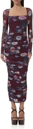 AFRM Maggie Floral Shirred Long Sleeve Midi Dress in Cabernet Bouquet at Nordstrom, Size X-Large