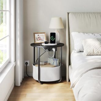 Woltu Woltu Mesa Auxiliar, Mesa De Centro, Con Cesta Extra&iacute;ble, 2 Enchufes, 1 Puerto Usb Y 1 Puerto Usb-c, Redonda, Negra Y Gris