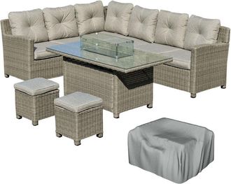 OUTSUNNY 5 PCs Outdoor PE Rattan L-Shape Sofa Footstool Fire Pit Table Set