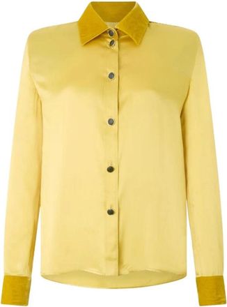 Roberto Cavalli Zijden Blouse met Fluweel Inzetstukken - Dames - Overhemden - Geel - L - Rayon - Overhemden