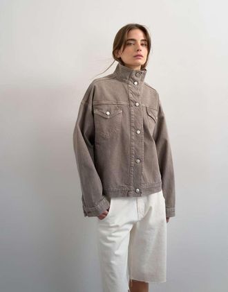 Topshop Giacca di jeans color pietra con collo a imbuto e fondo elasticizzato-Viola