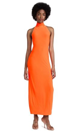 Norma Kamali Dress Large Orange Turtle Neck Side Slit Sleeveless DDR2254