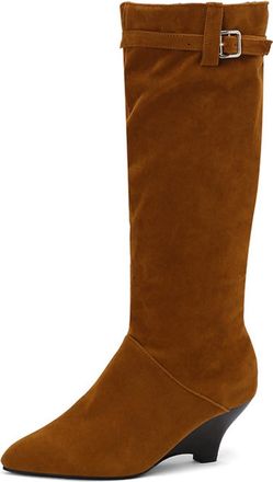 Generic Womens Wedge High Heel Long Boots Pointed Toe Knee High Boots with Side Zipper Faux Suede Western Boot with Buckle,Brown,4.5 UK
