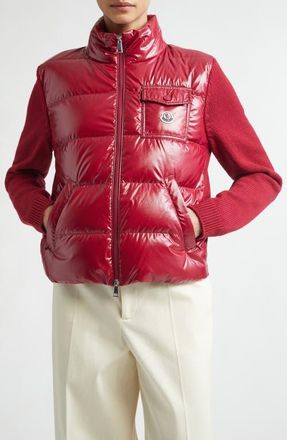 Moncler Mixed Media Quilted Down Puffer Cardigan in Red at Nordstrom, Size Xx-Large