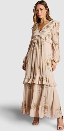 Coast V-Neck Embellished Tiered Midi Dress in Ivory at Nordstrom, Size 6