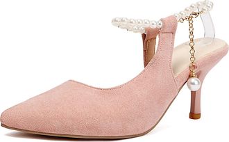 Generic Womens Pearl Ankle Strap Wedding Dress Shoes Faux Suede Slingback Bridal Sandals Stiletto High Heel Evening Party Prom Pumps,Pink,8.5 UK