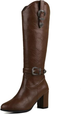 Generic Womens Round Toe Equestrian Boots, Chunky Heel Knee-High Riding Style with Buckle Detail in Plus Sizes,Brown,13 UK
