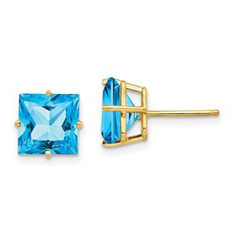 Diamond2Deal 14k Yellow Gold 8mm Square Step Cut Blue Topaz Earrings