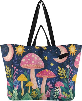 Generic Mushroom Pink Moon pattern Reusable Canvas Tote Bag, Heavy Duty Grocery Shopping Bag with Hard Bottom Large Capacity Double Handles Work Groceries Tra
