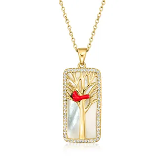 Ross-Simons Mother-Of-Pearl and White Topaz Cardinal Pendant Necklace With Multicolored Enamel in 18kt Gold Over Sterling