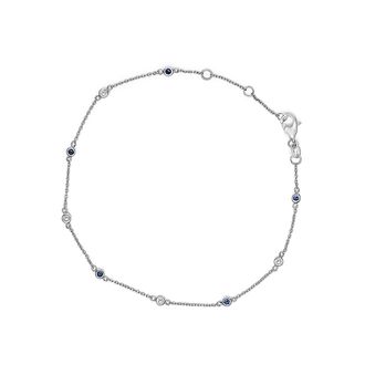 House of Brilliance 14K White Gold Alternating Blue Sapphire and White Diamond Bezel Station Chain Bracelet