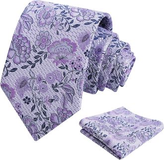 Alizeal Mens Floral Pattern Tie with Pocket Square Classic Formal Fashion for Business Wedding Necktie and Hanky Set, Lavender