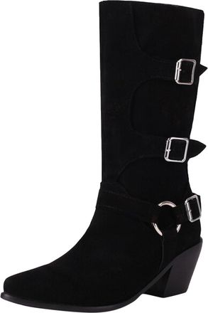 Generic Winter Women Mid Calf Boots Autumn Winter Fashion Pointed Toe Thick Heel Retro Comfort Belt Decorative Footwear (Black, 6. 5)