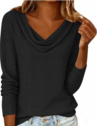 Generic Ladies Elegant Tops UK 2026 Fashion Long Sleeve Cowl Neck Shirts Spring Summer Sexy Hollow Out Eyelet Blouse Dressy Casual Solid Color Loose Fit T-Shi